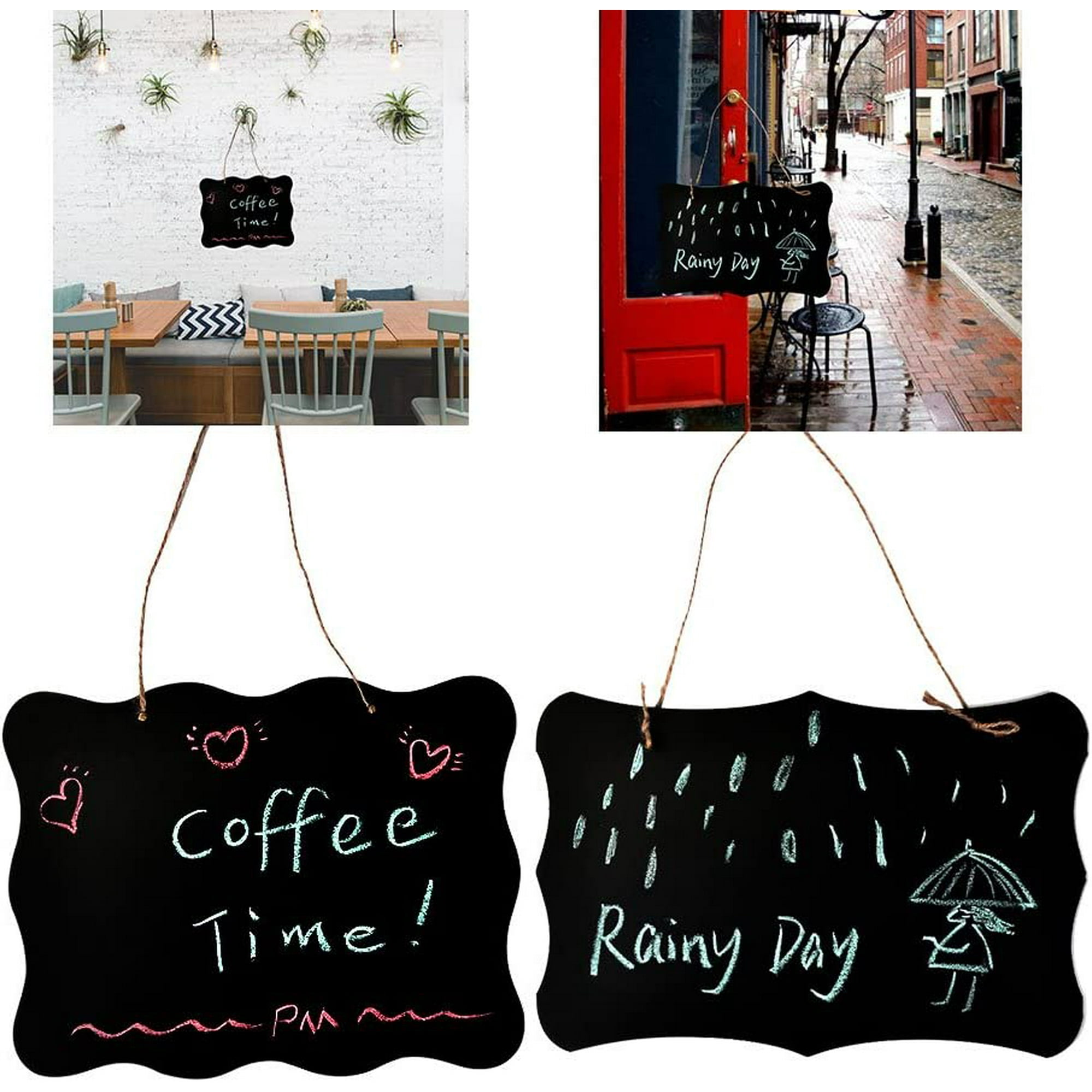 Lot 12 Ardoises Noires Suspendues 16x12 Cm - Double Face Craie - Corde Chanvre - Resto/café/école/décoration