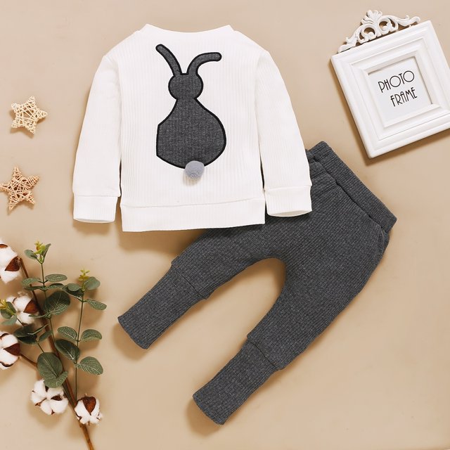 Newborn Baby Girls Fashion 2-piece Outfit Set Long Sleeve Rabbit Pattern Top and Solid Color Pants Set
