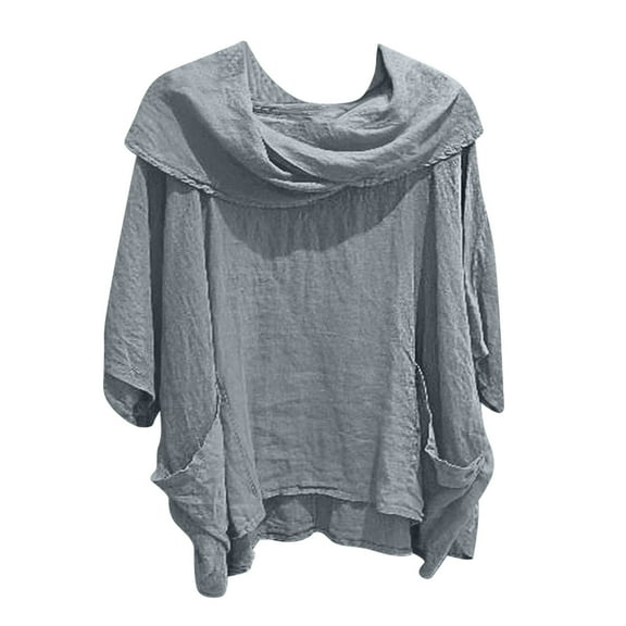 Bmawag Womens Blouses Dressy Casual 3/4 Sleeve Hooded Plus Size Solid Color Turndown Collar Pullover Shirts Women's Trendy Casual Loose Blouses Gifts for Women Gray L