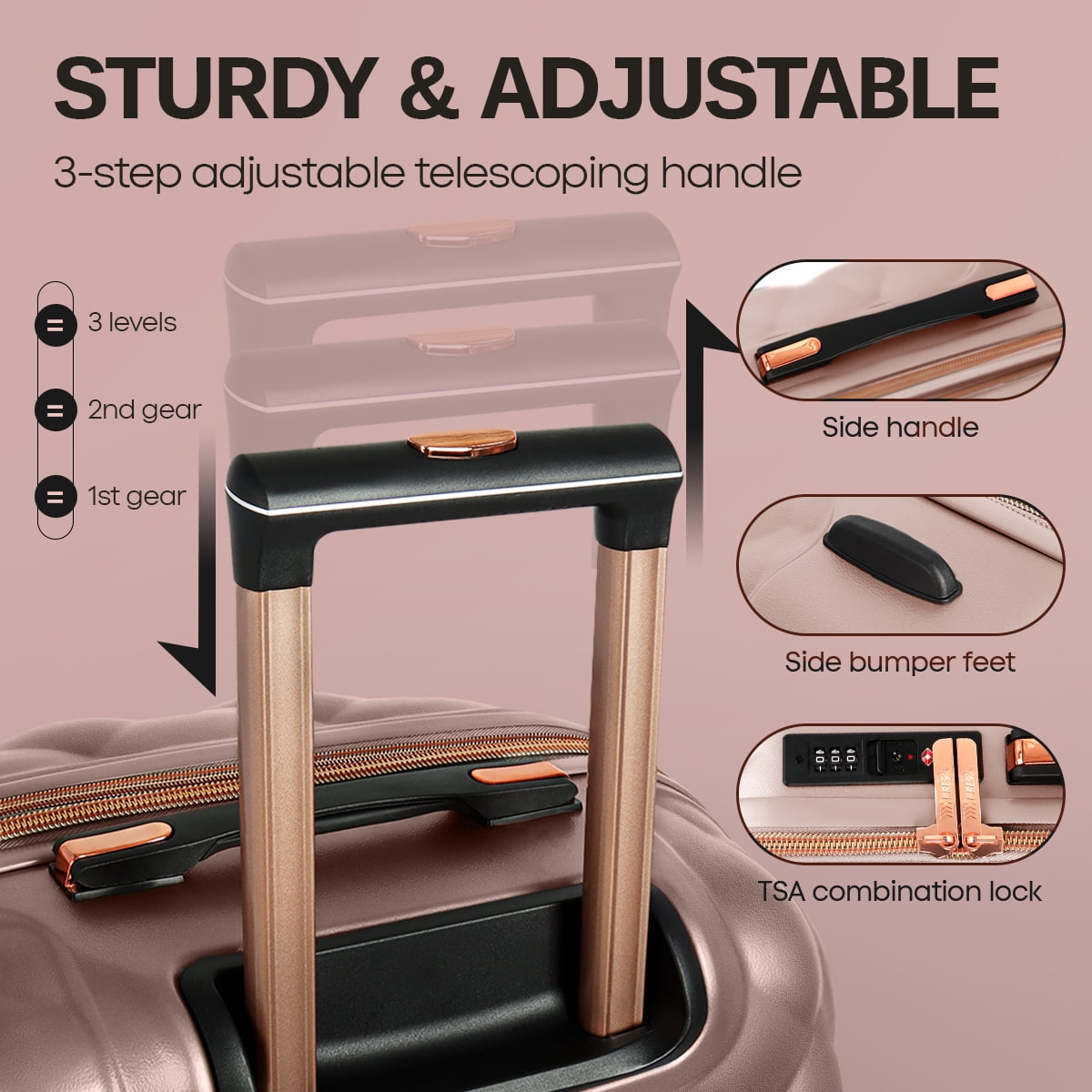 4-Piece Hardside Luggage Set, Lightweight Spinner Suitcases with TSA Lock, Expandable, Rose Gold, 14"/20"/25"/29", WD8810