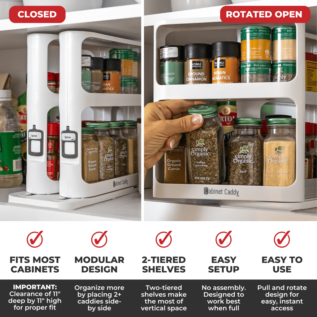 Cabinet Caddy Spice Rack Organizer, Slide & Rotate Kitchen Organizer, 2-Tier Shelves