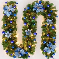 9 Ft Christmas Garland with Light - Illuminate Garland Rattan , with Blue Ball & Flower,  Artificial Vine Plants, for Front Door Wall Fireplace, Christmas  Decorations
