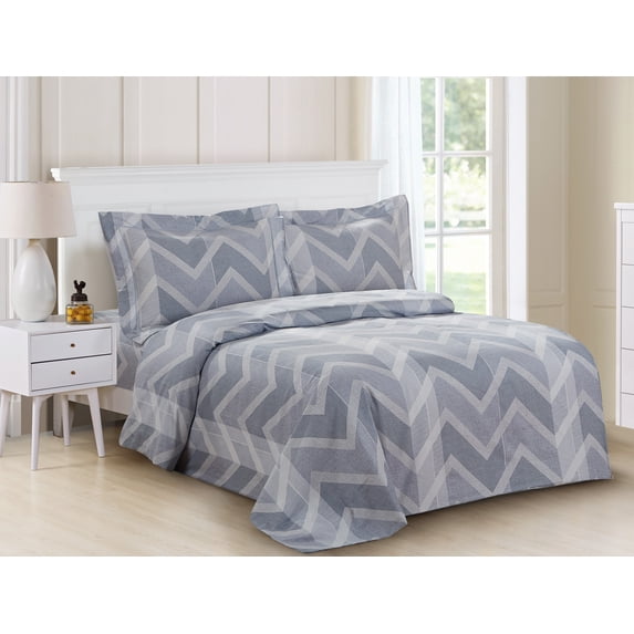 Violet Linen French Chevron Waves Pattern, Luxury Ultra Soft 200 Thread Count Cotton Percale, Blue, Full, 6 Piece Duvet Set for Two Beds, Duvet Cover Set