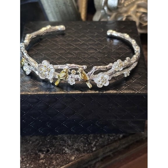 Bird Garden Blossom Cuff Adjustable Bracelet | Stamped 925 Sterling Silver | Free Gift Box
