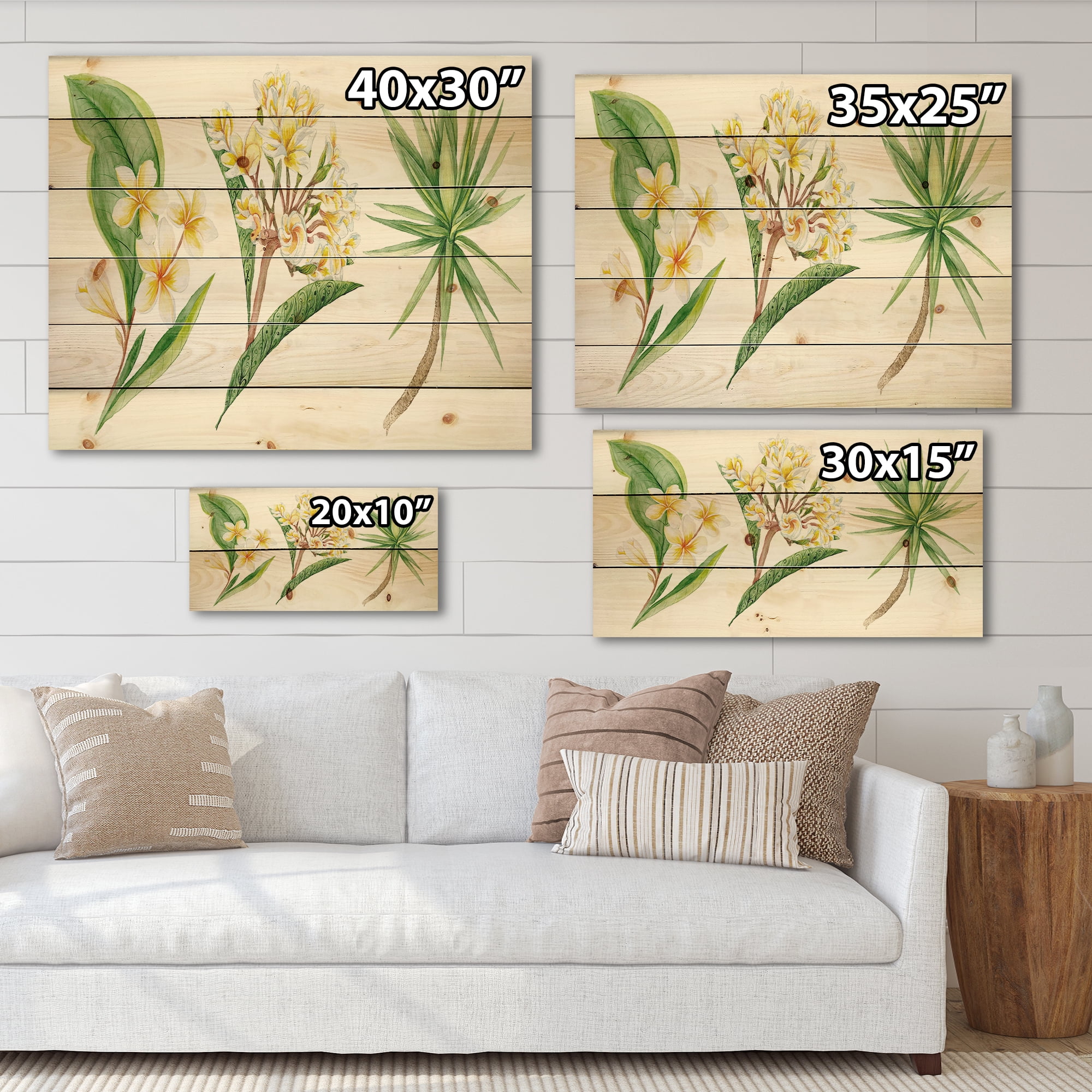 Designart 'Yellow Flowers and Tropical Foliage XII' Traditional Print on Natural Pine Wood