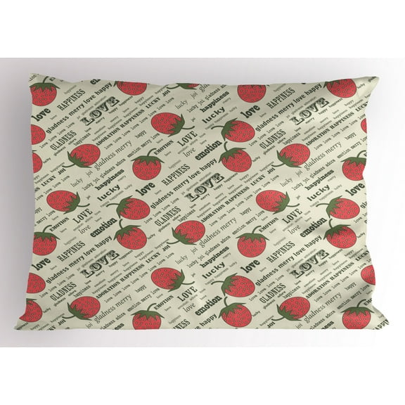Ambesonne Fruits Pillow Sham, Retro Strawberry Love, 26" X 20", Eggshell Ruby Army Green