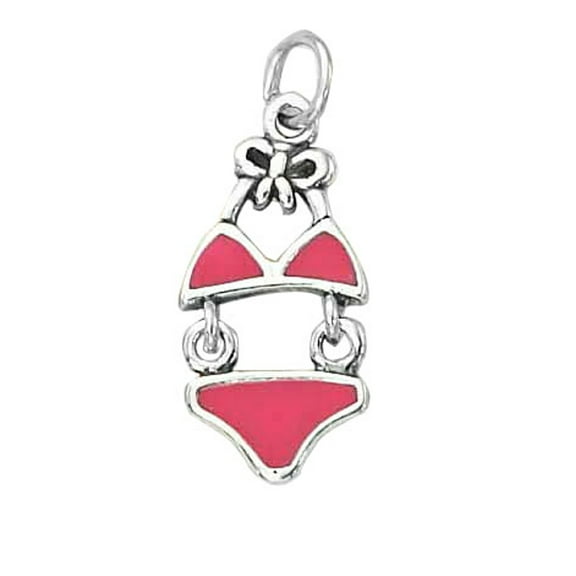 Sterling Silver 16" .8mm Box Chain Moveable Pink Enameled Bikini Pendant Necklace