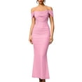 thumbnail image 2 of Off the Shoulder Maxi Long Dress Corset Ruched Bodycon Formal Wedding Guest Dresses for Women Pink M, 2 of 8