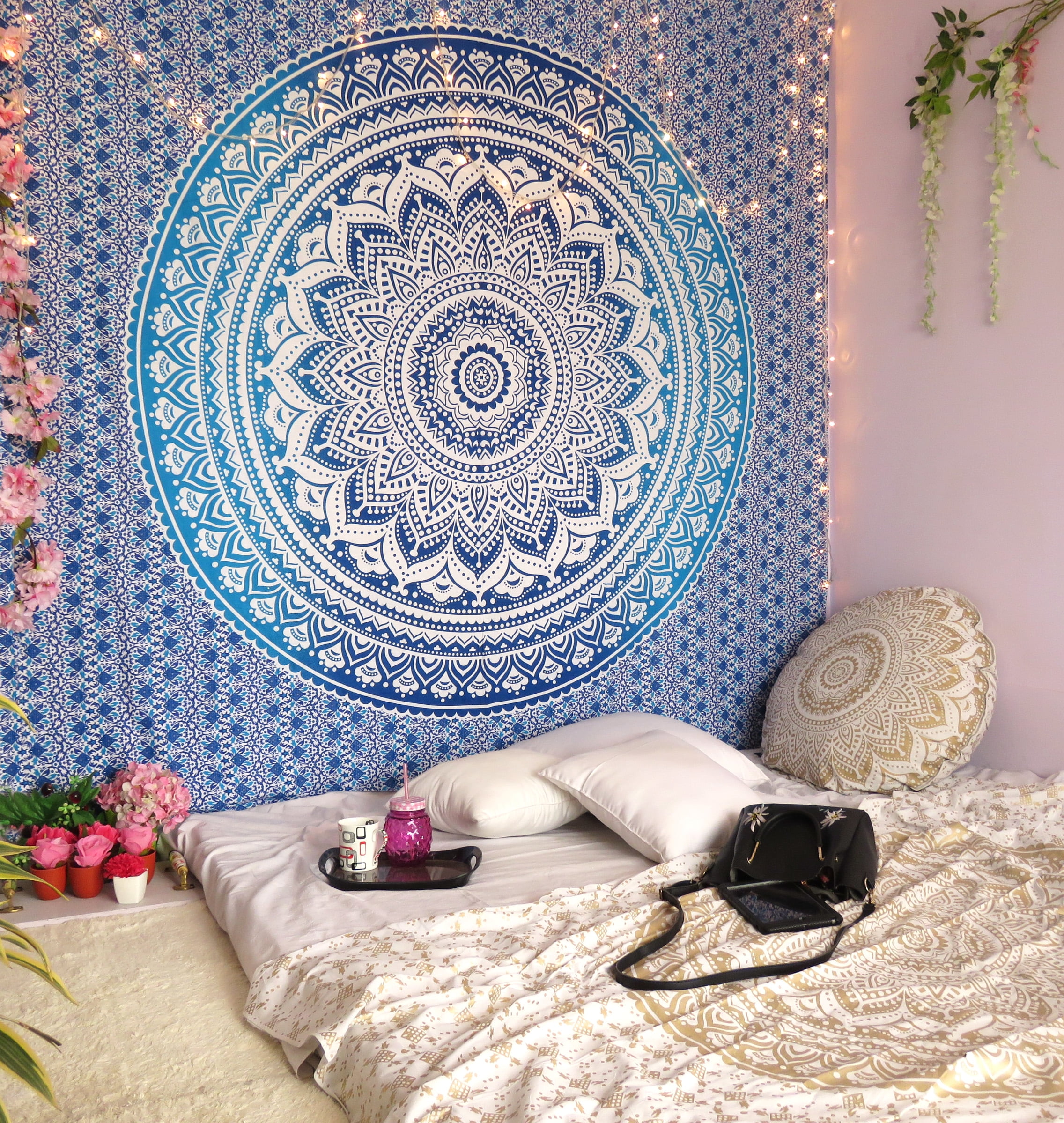 Indian Bedspread Blue Queen Elephants Cotton Wall hanging Boho India Throw Hippy 