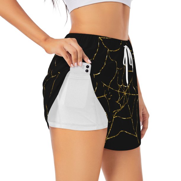 Balery Golden Spider Web Pantalones cortos deportivos para mujer con forro y dos bolsillos, elásticos, para entrenamiento, gimnasio, yoga-XX-Large