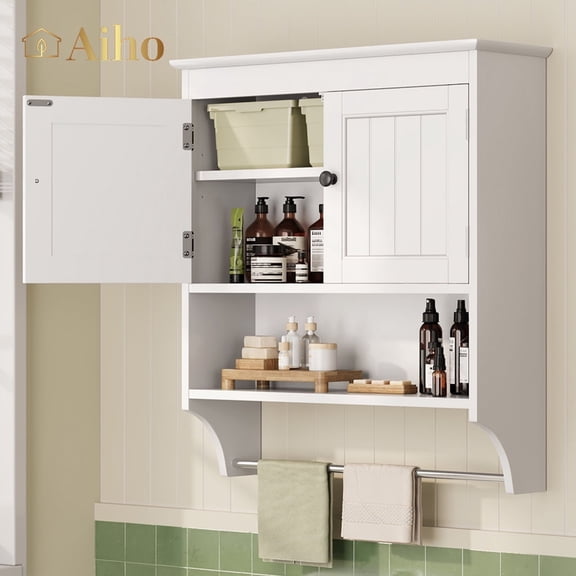 Aiho Medicine Cabinet Bathroom Organizer, Double Door Wall Mounted Storage Cabinet with Adjustable Shelves - White