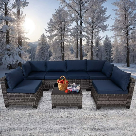 HISUKOY 7 Pieces Patio Furniture Set, Outdoor Couch, All Weather Patio Conversation Sets with Washable Cushions and Glass Table, Rattan Wicker Couch for Garden, Backyard, Poolside