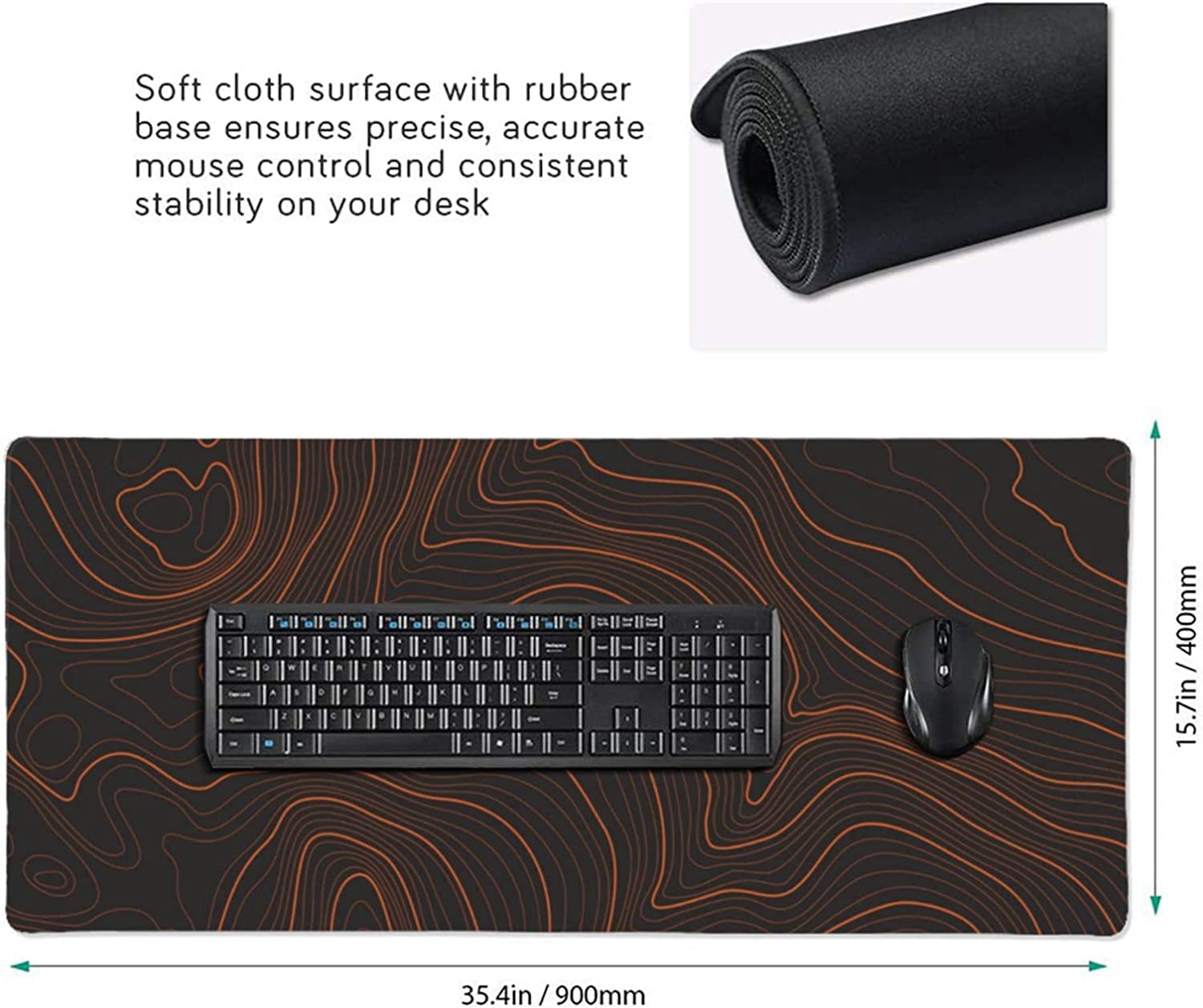 Large Gaming Mouse Pad Orange Map Lines Contour Geographic PC Computer Keyboard XXL Mouse Mat Desk Pad Non-Slip Desk Mat for Home Office Gaming Work, 35.5 X 16 in
