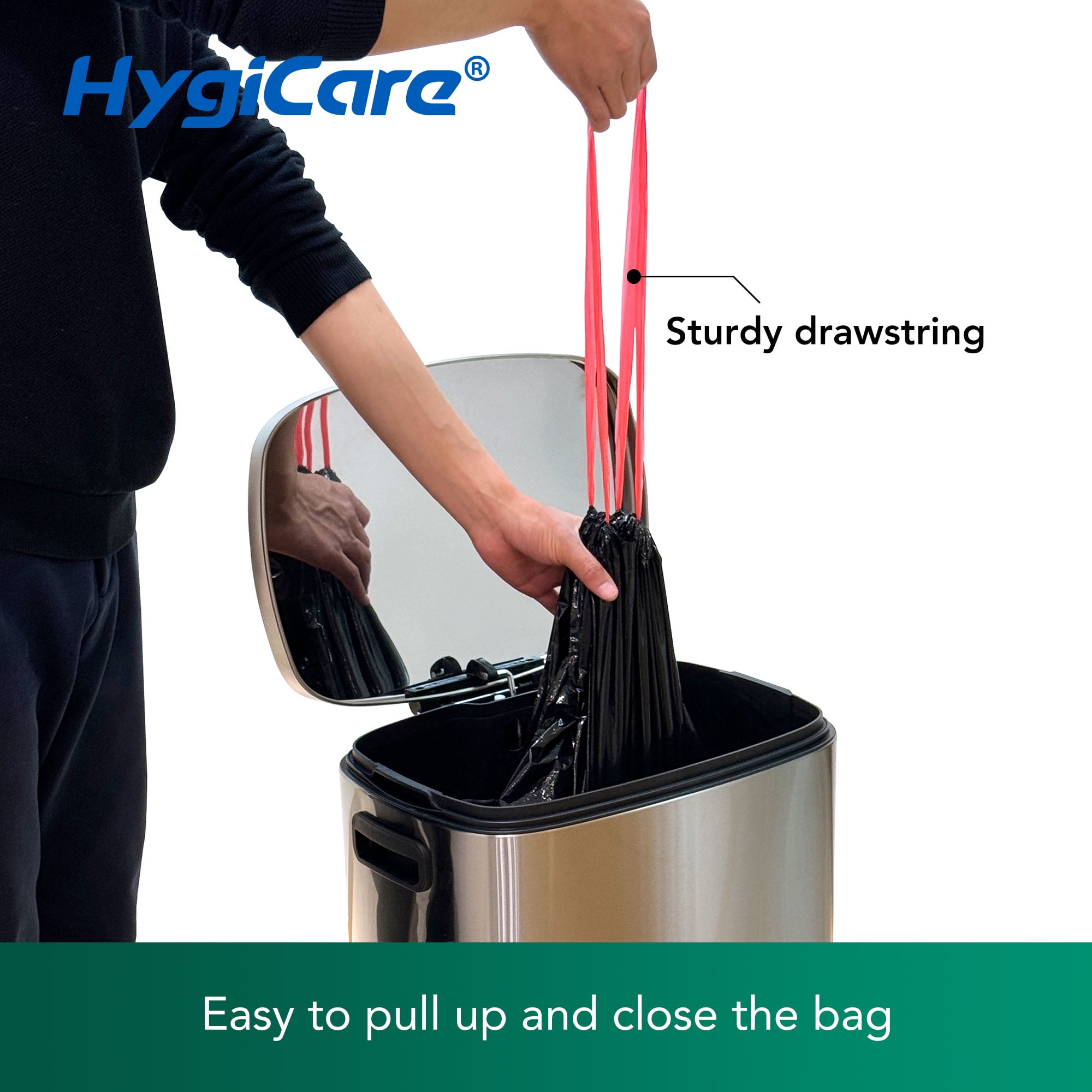 HygiCare 30 Gallon Drawstring Trash Bags, 120ct, Super Strong, Leakproof, Unscented