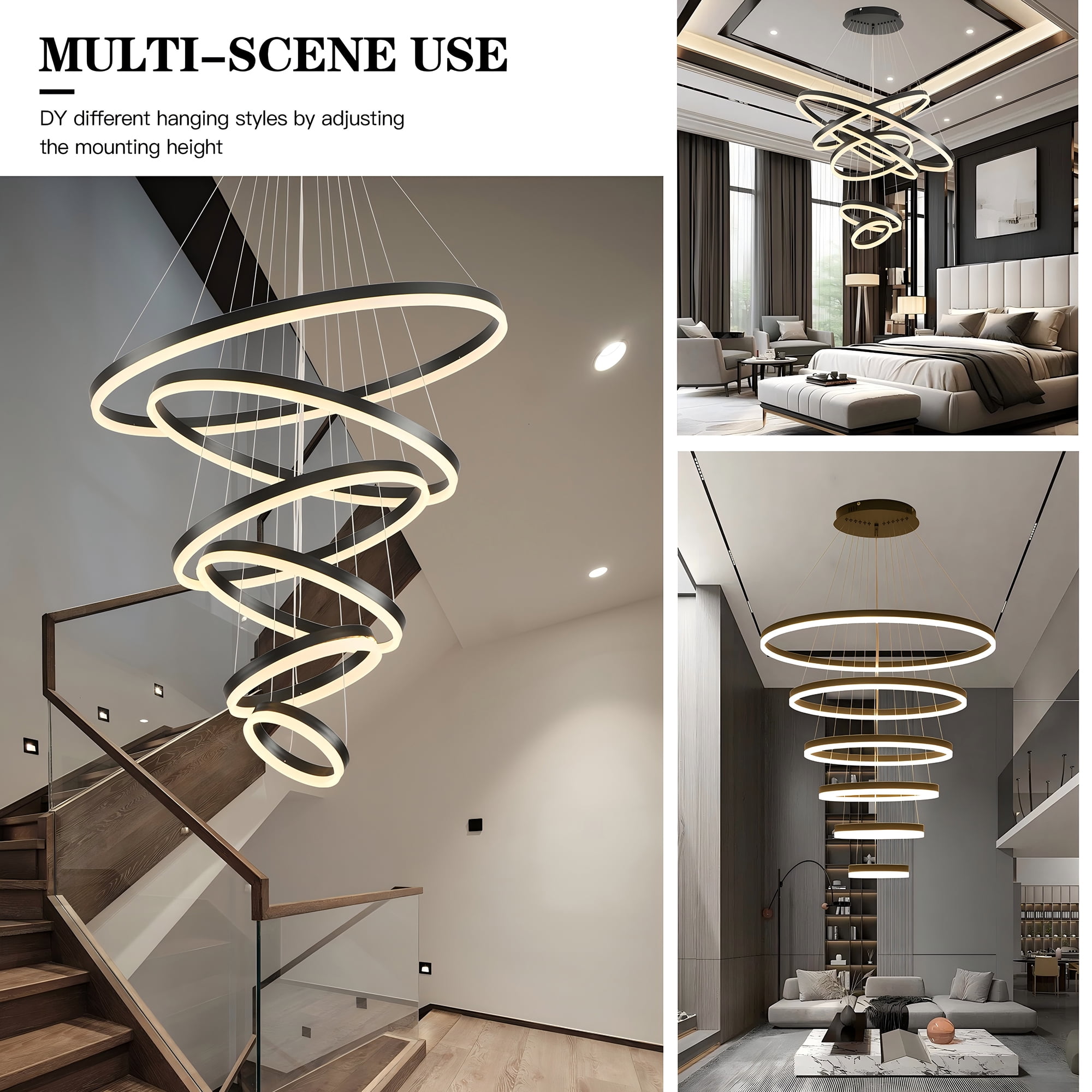 Modern 6-Ring LED Chandelier for High Ceilings, Adjustable Black Pendant Light with Remote, Dimmable Flush Mount Fixture for Foyer, Entryway, Living Room Dining Room