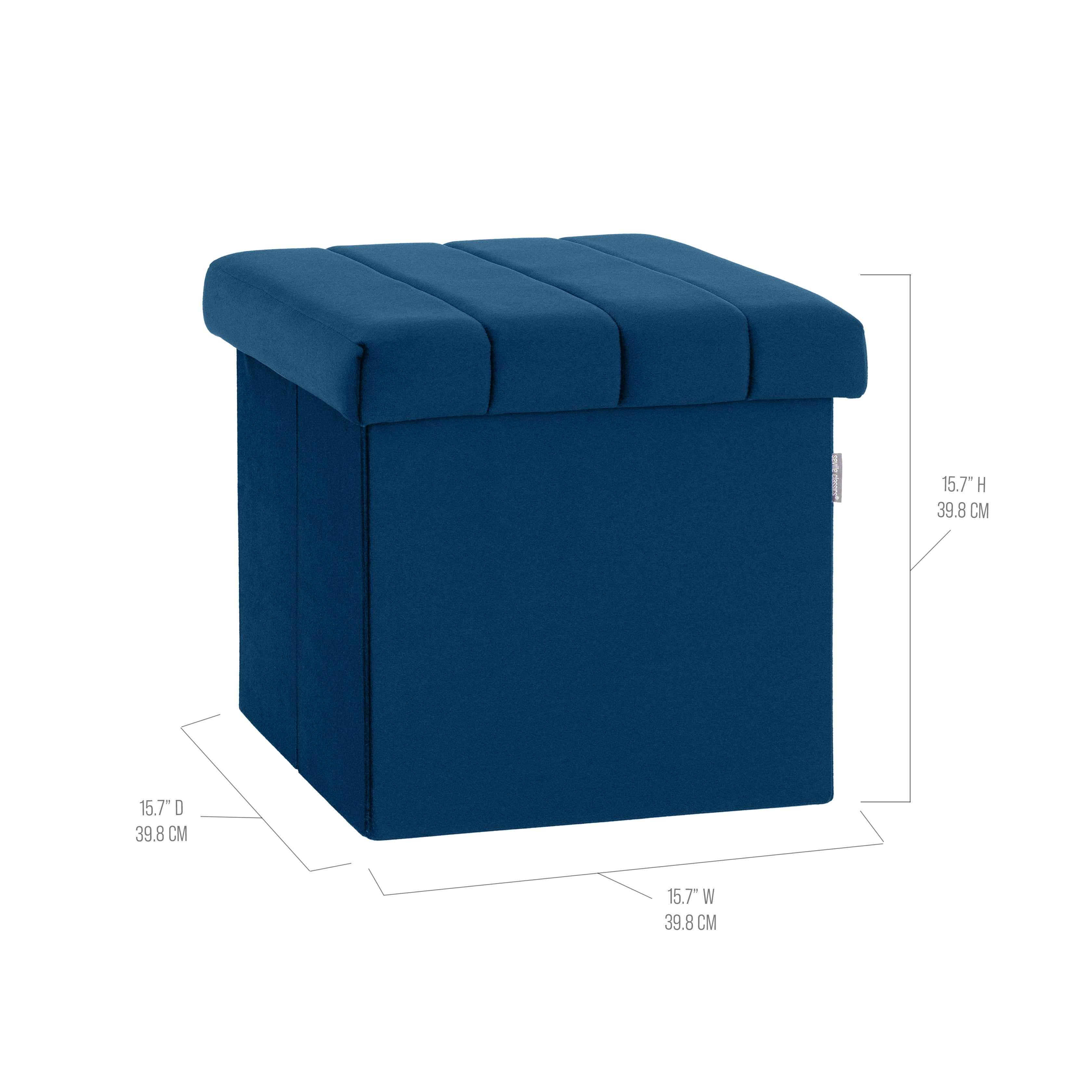 Seville Classics Cushioned Fabric Ottoman Hidden Storage Chest Footrest Chair for Bedroom, Dorm, Loft, Living Room, Entryway, Hallway, Blue Velvet, 15.7" Cube