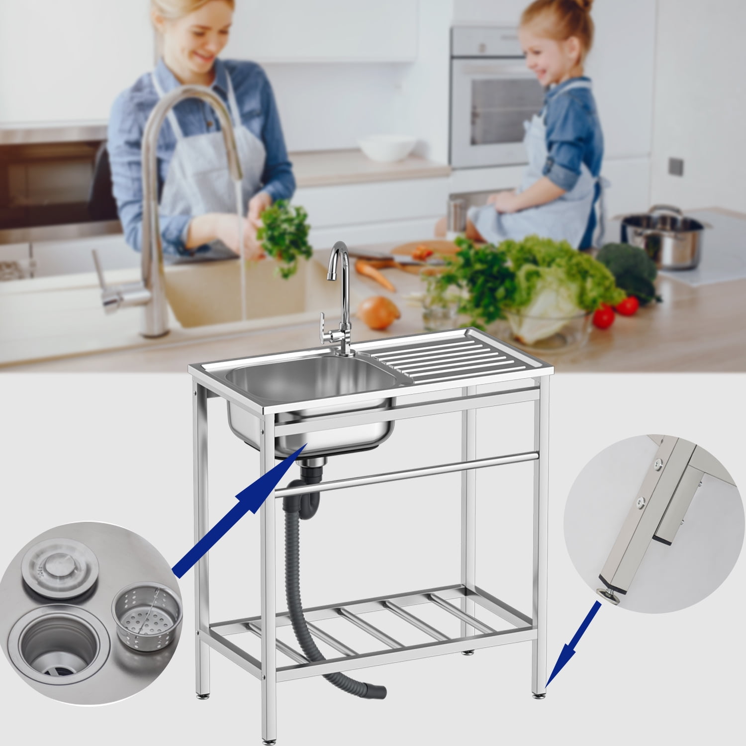 30*16*30 inch Free Standing Utility Sink Stainless Steel Commercial Kitchen Sink