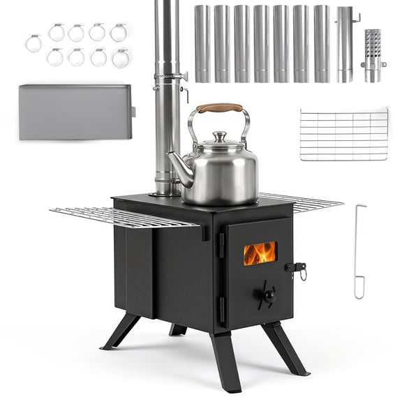 Costway Hot Tent Stove with Ash Tray, 8.4 ft Wood Burning Stove with 8 Chimney Pipes