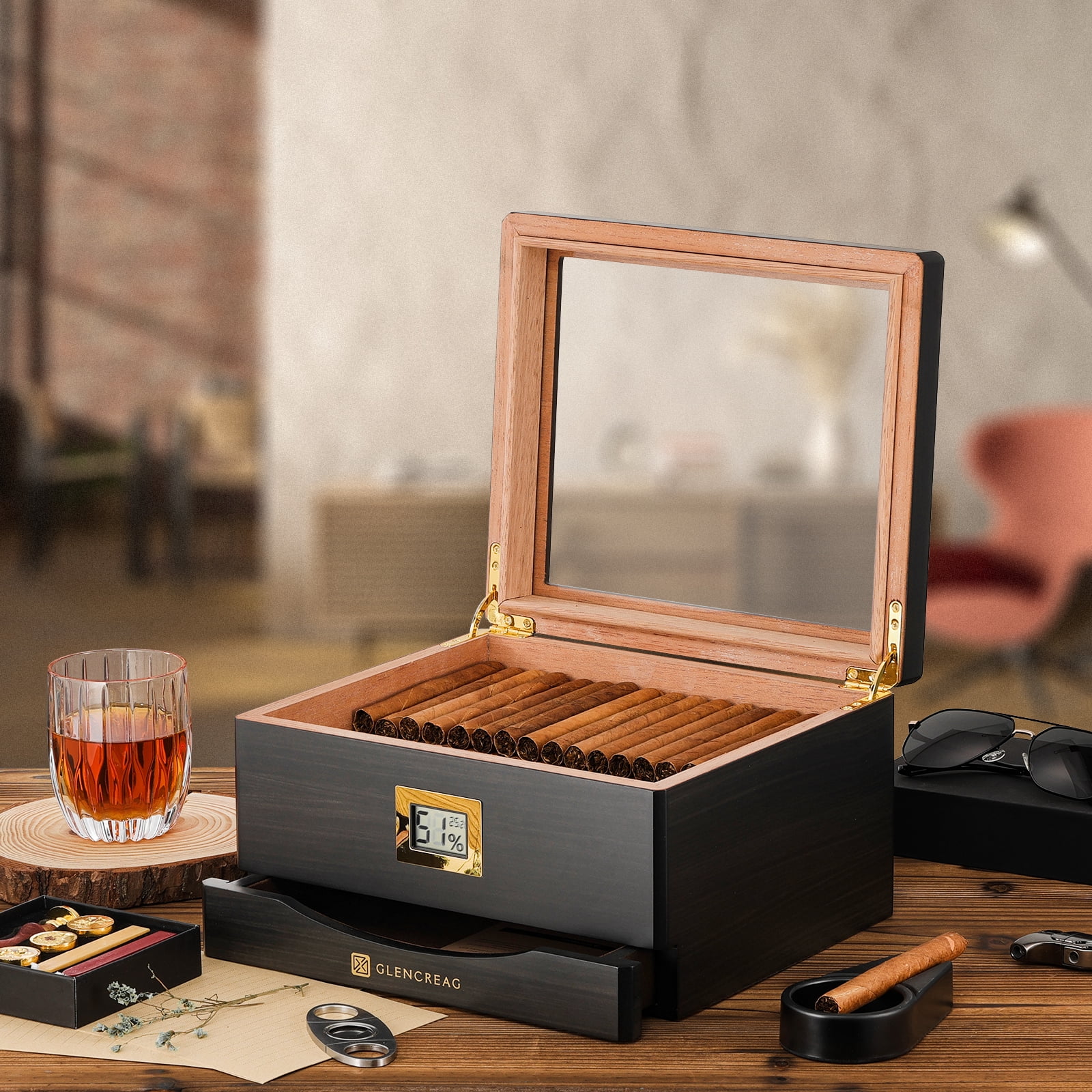 GLENCREAG MMT-3041 Cigar Humidor Box for 25 to 55 Counts, See-Through Design with Spanish Cedar Lining & Divider, Digital Hygrometer, Accessory Drawer & Humidifier, Gift for Cigar Aficionado (Ebony)