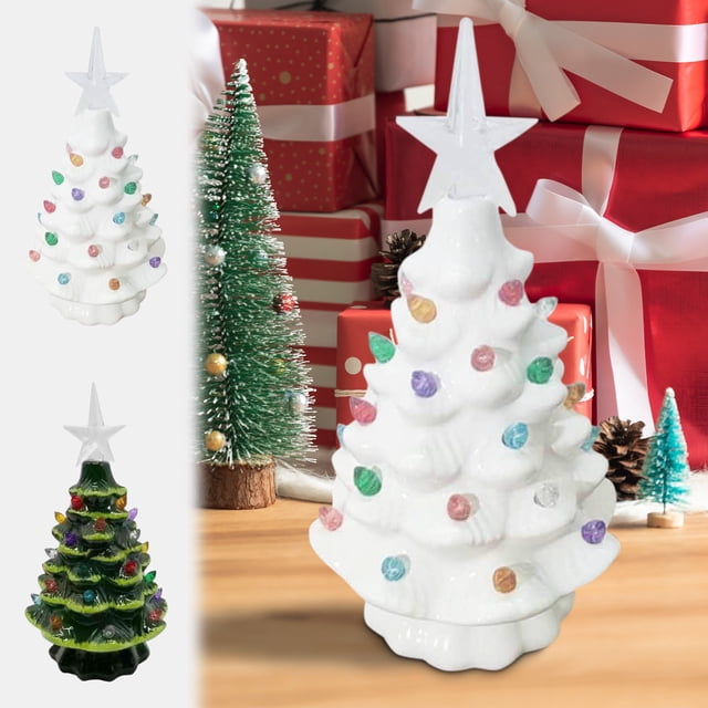 Fiudx Árbol de Navidad de Cerámica, Pintado a Mano, con Iluminación Led, Bombillas Multicolor, Ideal para Decorar La Mesa Del Comedor o La Sala de Estar, Ideal para Regalar En Navidad, Funciona con P