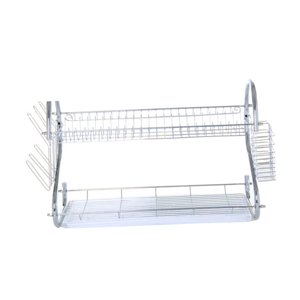 WHAMVOX 2-Tier Dish Cup Drying Rack Kitchen Tool Drainer Stainless Steel Dryer Tray Dish Holder Organizer for Home Restaurant (Silver)
