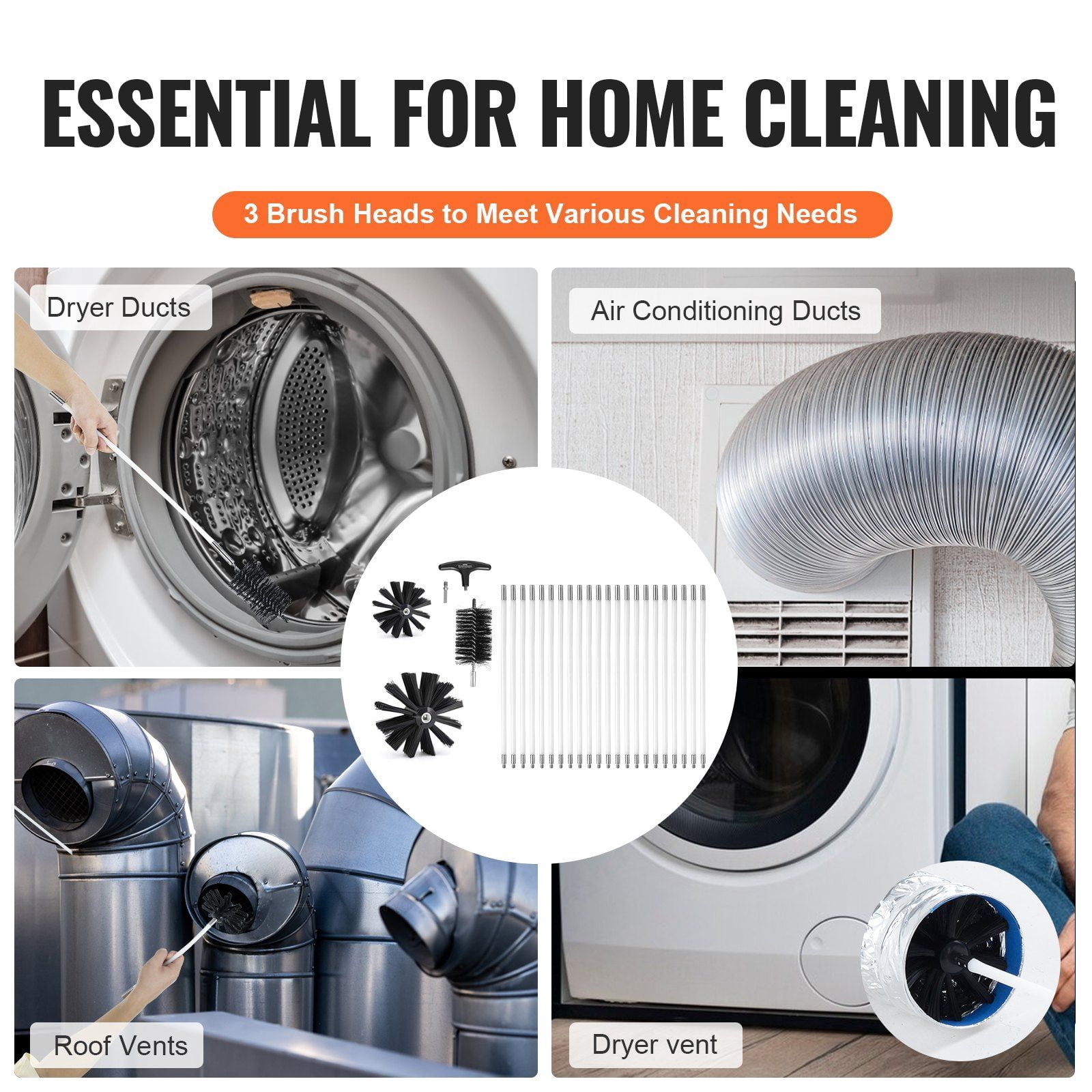 22 Pieces 30 FEET Dryer Vent Cleaner Kit, 3-Size Flexible Lint Trap Brush Kit with Reinforced Nylon Bristles & Clamp Connectors – Heavy-Duty Dryer Vent Cleaning Set