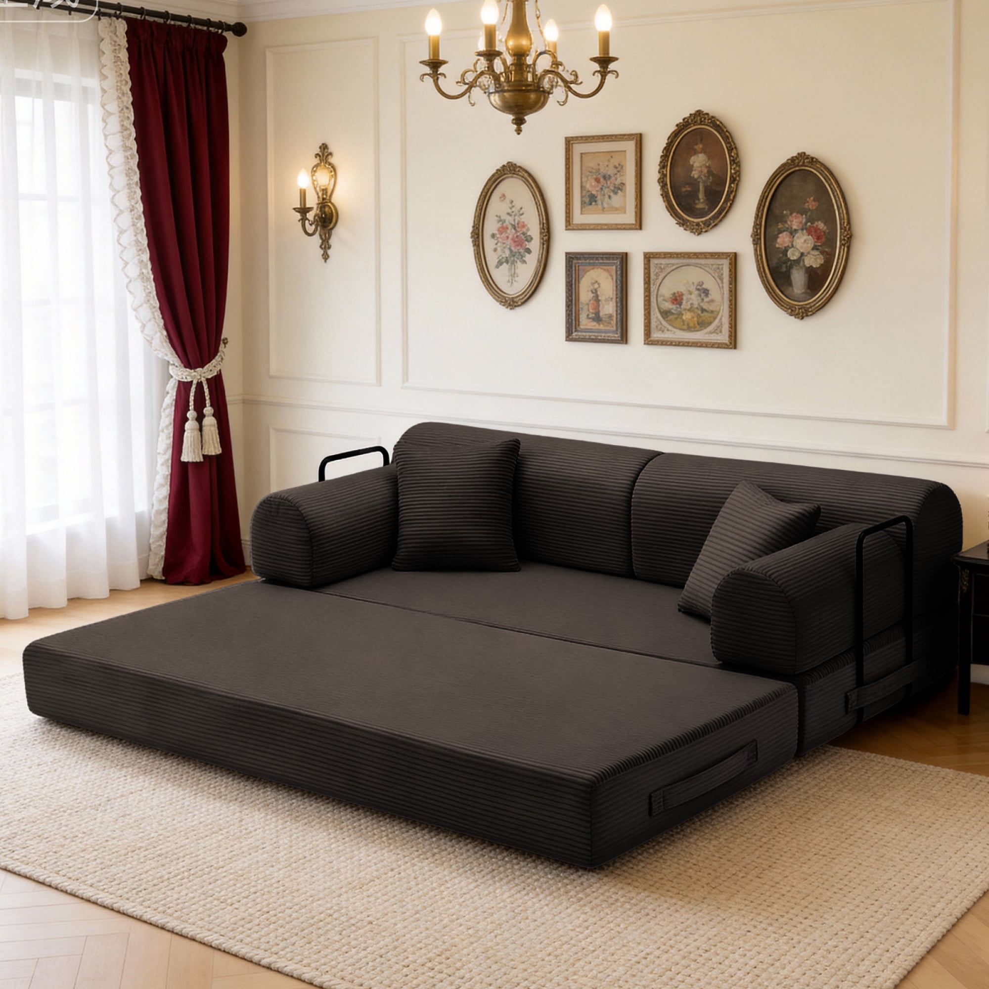 Leumius Oversized Corduroy Futon Sofa Bed Couch,78" Convertible Folding Mattress Couch with Fixed-Shape Frame,Floor Sofa Lounge Couch for Small Spaces,Apartments,Living Rooms,Brown