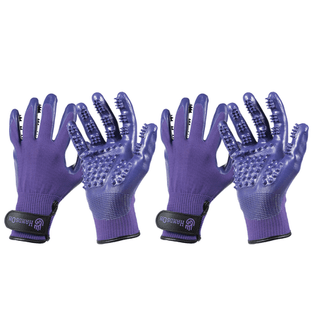 HandsOn Pet Grooming Gloves  Gentle Brush for Cats  Dogs and Horses  Mono Purple Junior  2 Pair