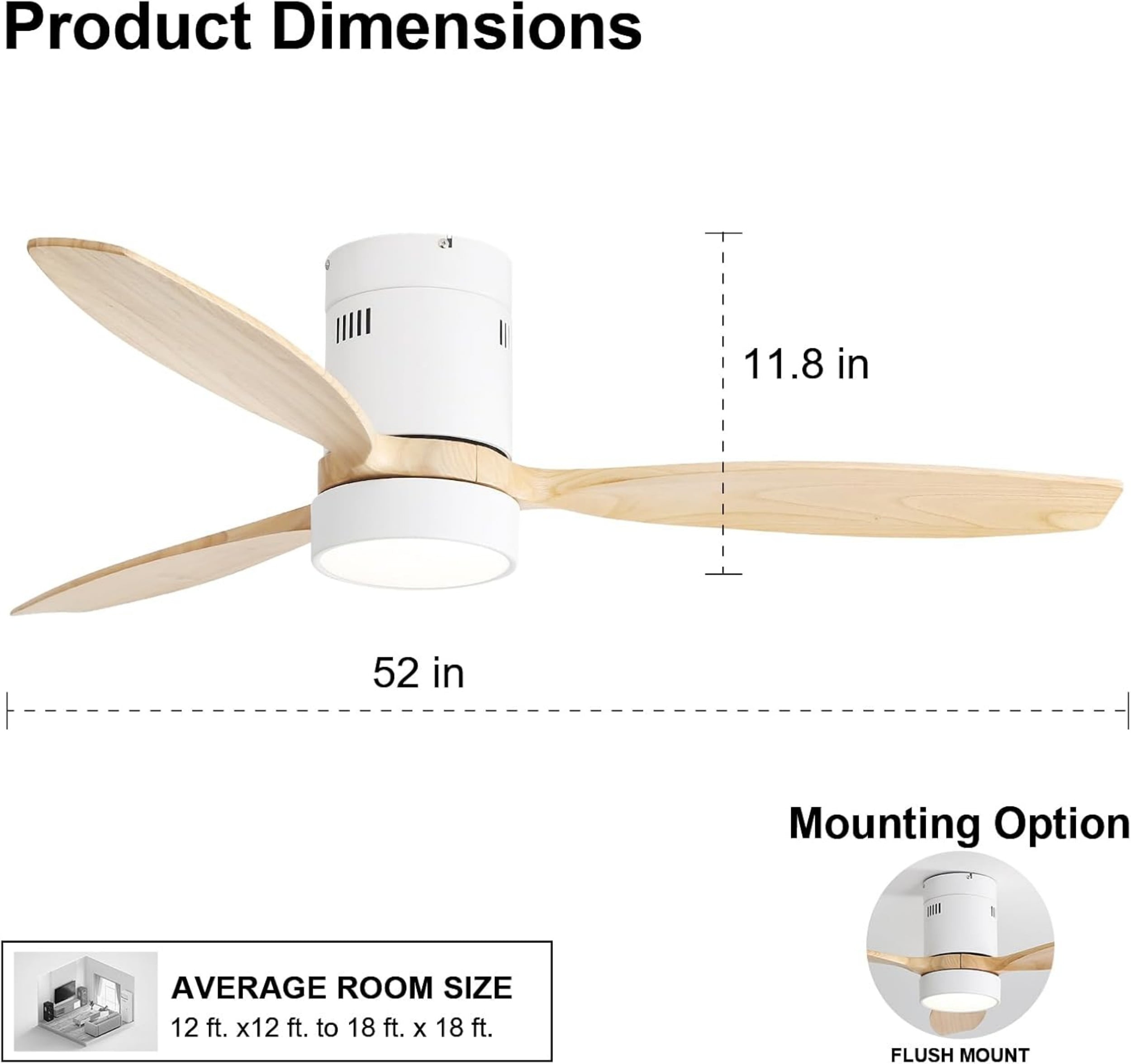 Sofucor 52inch Wood Low Profile Ceiling Fans with Lights and Remote, Modern Flush Mount Quiet Ceiling Fan for Bedroom, Reversible DC Motor, 3 Color & 6 Speed, for Indoor Outdoor Patio,(White+Wood)