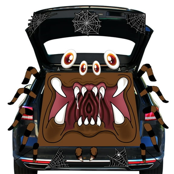 Halloween Trunk or Treat Car Decoration Kit, Giant Scary Monster Spider Mouth with Eyes and Webs, Easy Install Outdoor Party Supplies for SUV, Van, or Hatchback, Waterproof Reusable Trunk Decor