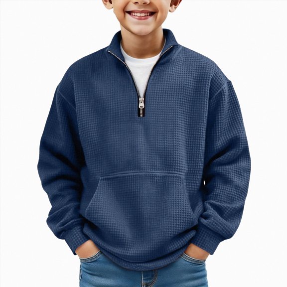mgoYE Boys Quarter Zip Pullover Long Sleeve Corduroy Shirts Oversized Sweatshirts Kids Preppy Clothes Teens Hoodie(Navy,9-10 Years)