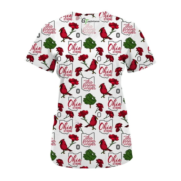 Green Town Scrubs for Women V-Neck Scrub Top - State Pride Prints, 3 Pockets, Easy Care Uniforms