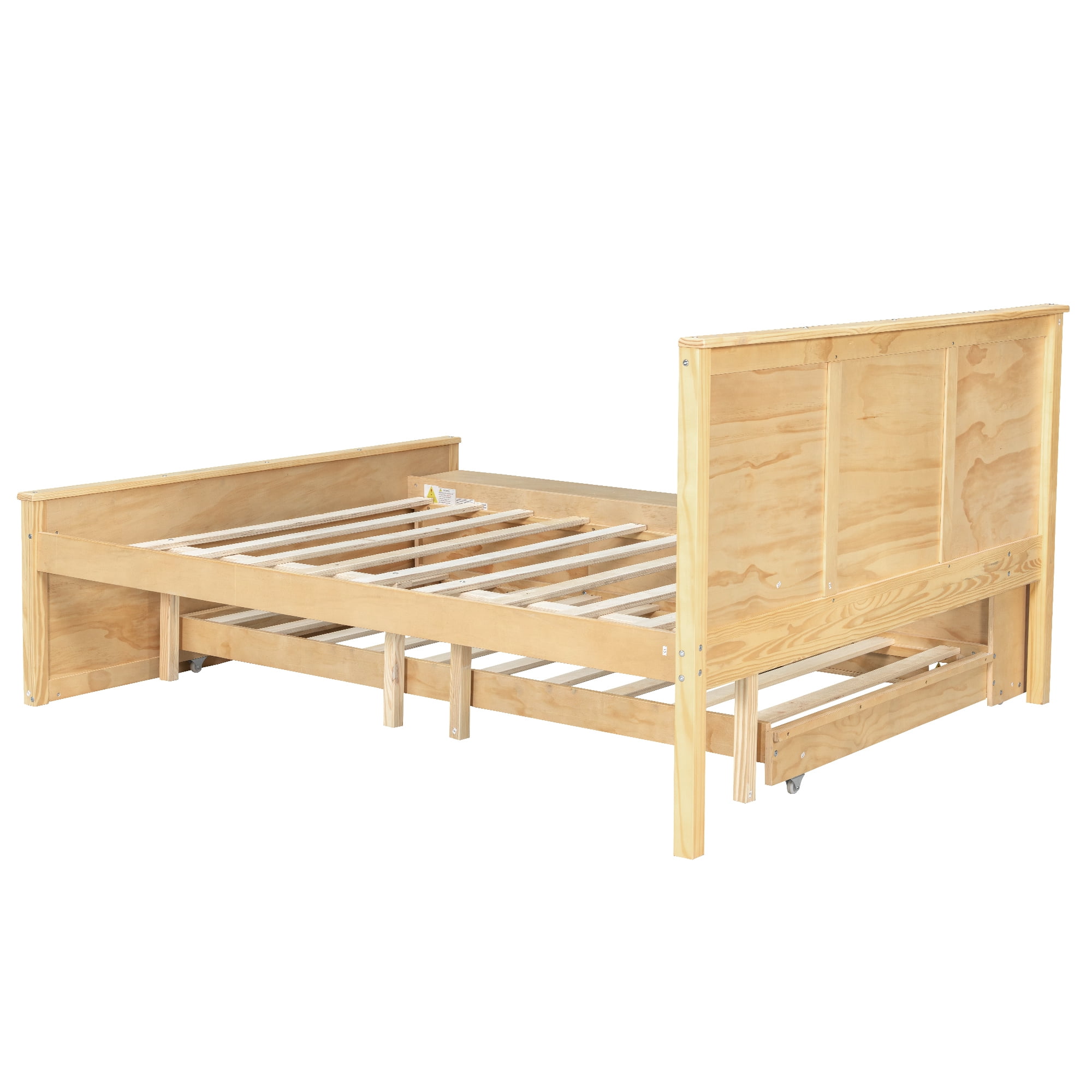 Euroco Wood Full Size Platform Bed with Trundle and Storage Cabinets, Natural
