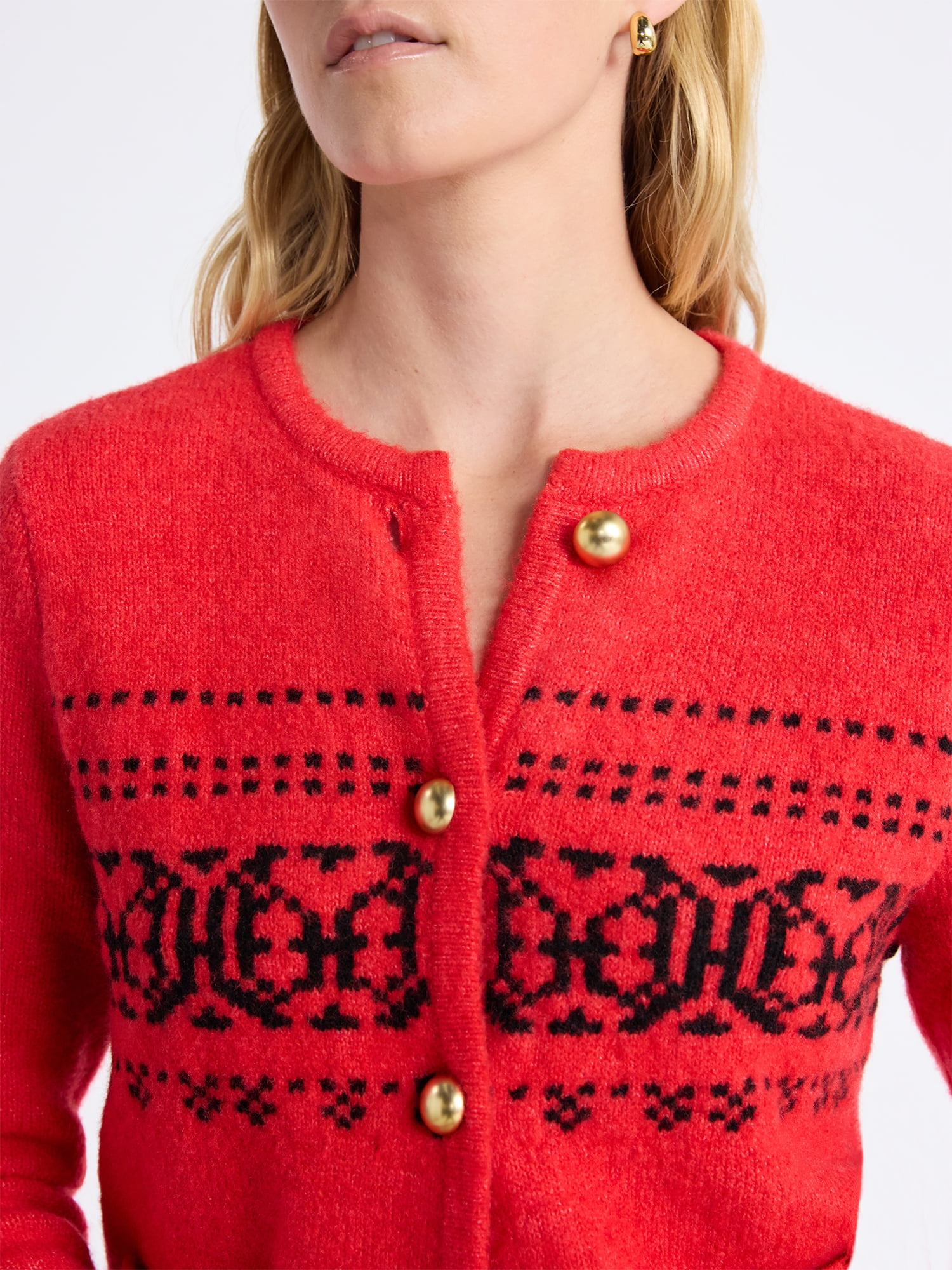 Free Assembly Women's and Women's Plus Fair Isle Cardigan with Welt Pockets, Midweight, Sizes XS-4X