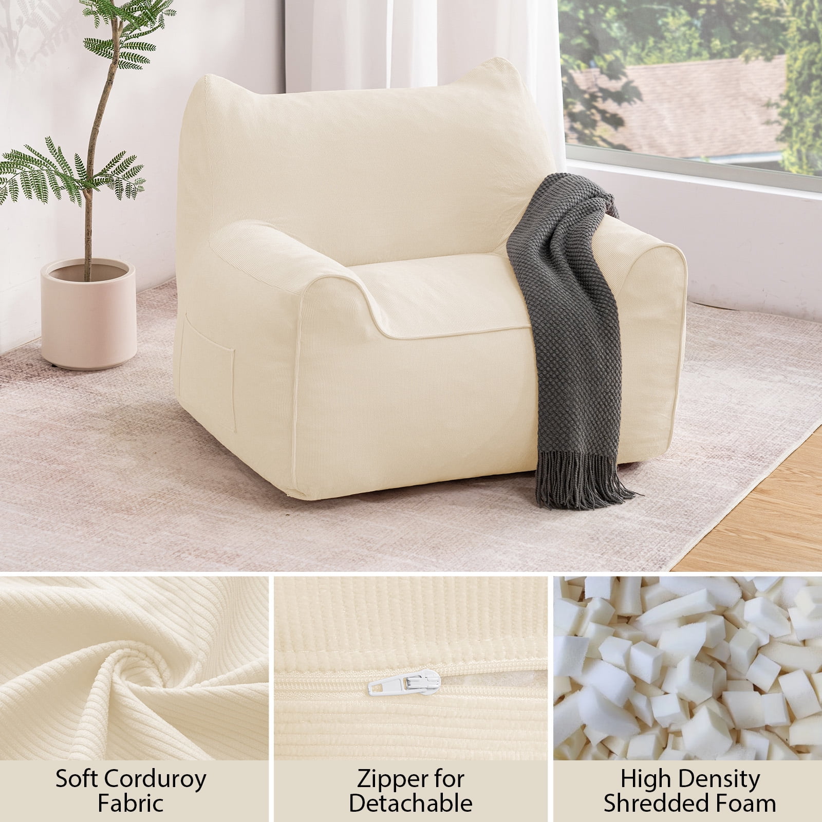 Lusimo Bean Bag Chair for Adults Teens, 3FT Lazy Memory Foam Bean Bag Sofa for Bedrooms, Cat-Ear Design Couch with Corduroy Washable Cover, Lounge Chairs with Pocket for Gaming, Reading, Beige
