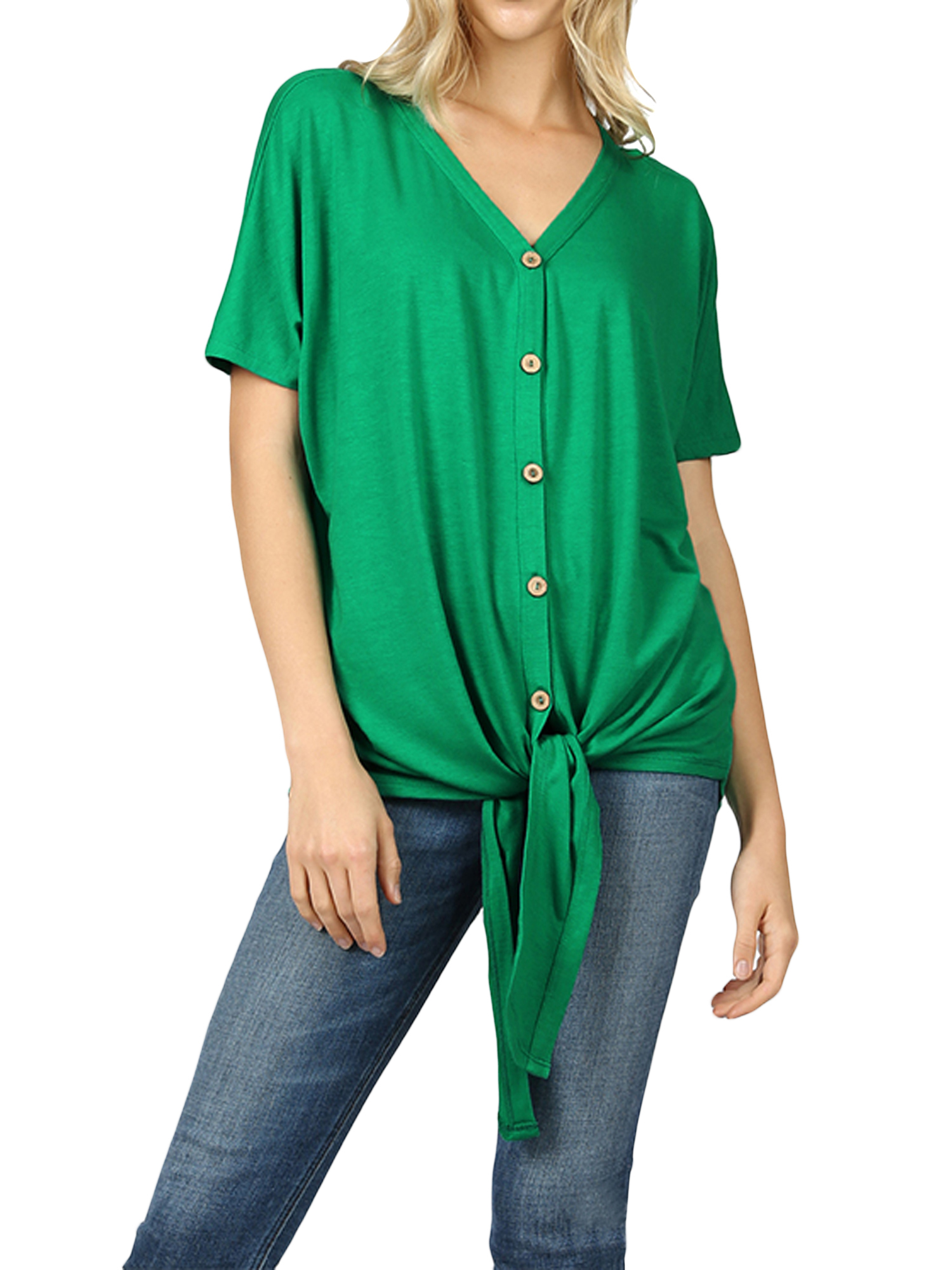 Women Short Sleeve V Neck Button Down T Shirts Tie Front Knot Loose