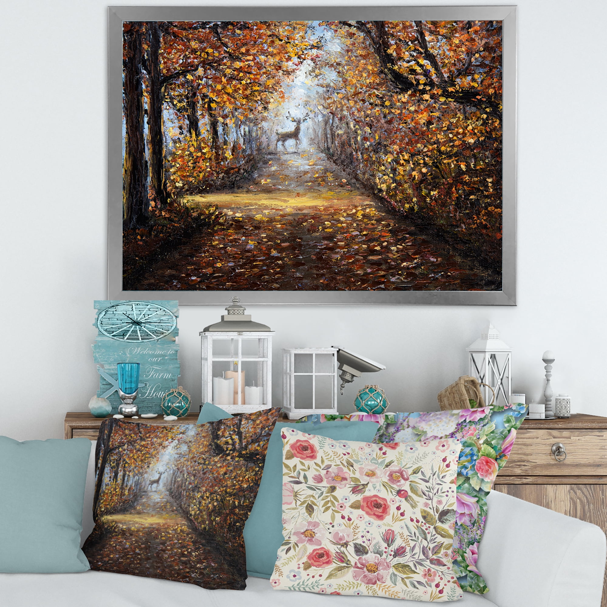 Designart 'Deer In The Autumn Park' Lake House Framed Art Print