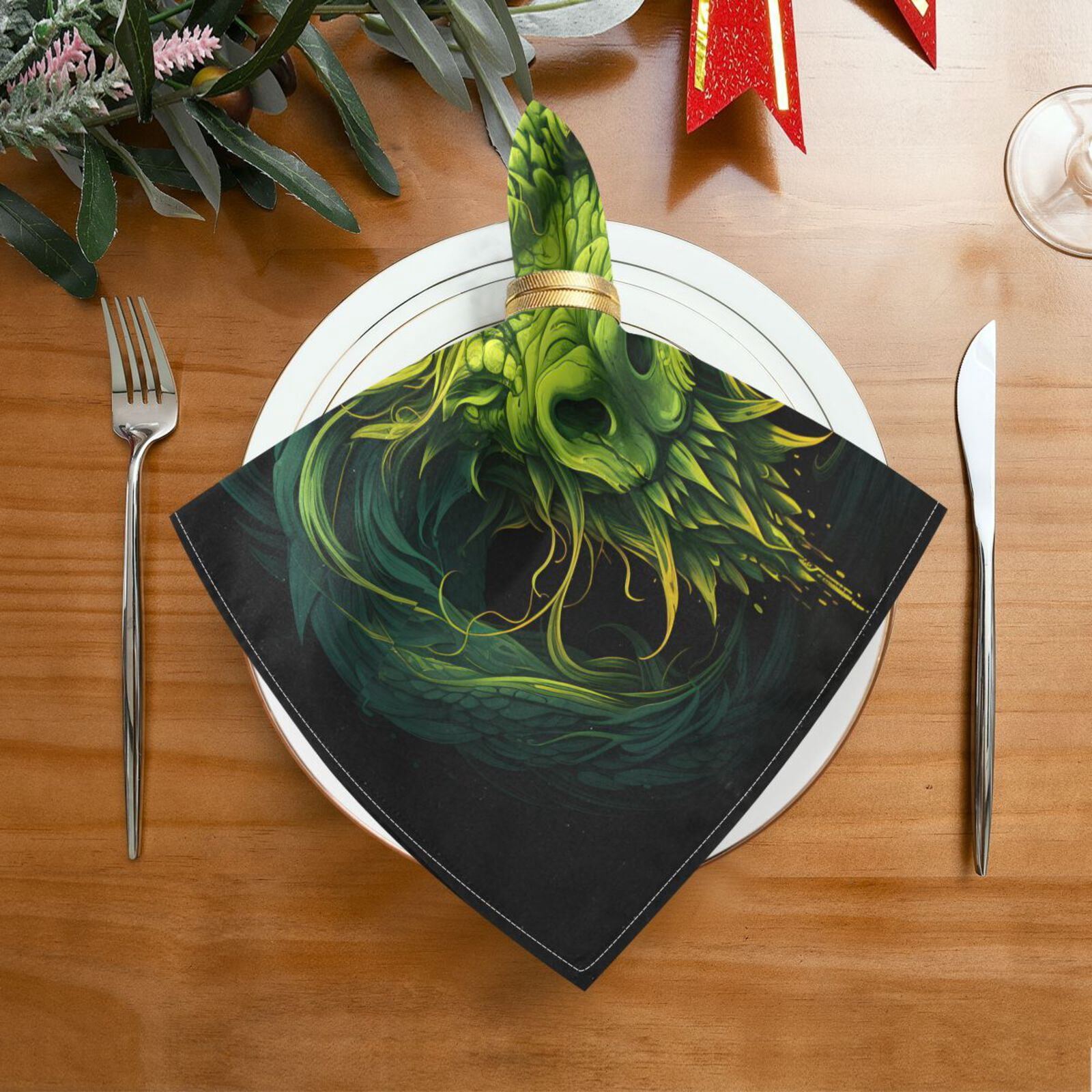 JSTEL Green Dragon Cloth Napkins Set of 6, 20x20 Inch Washable and Reusable Napkin for Decoupage Dinner Party Everyday Use