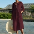 thumbnail image 2 of Robe en Lin de Coton pour Femmes Manches 3/4 Bouton Col en V Robe Midi Unie Décontractée Ample Automne Robe Droite avec Poches, 2 of 7