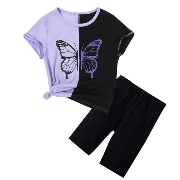 Gaexia Girls Sets Size 10-12 Girls' Butterfly Print Matching Short Sleeved Top Solid Color Casual Shorts Set Purple, 9-10 Years