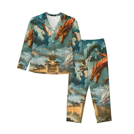 Lsque Red Blue Dragon Battle Epic Pattern Long Sleeve Pajama Set for Women - Soft 2-Piece Sleepwear and Loungewear Set with Pockets  Comfy Nightwear-Medium