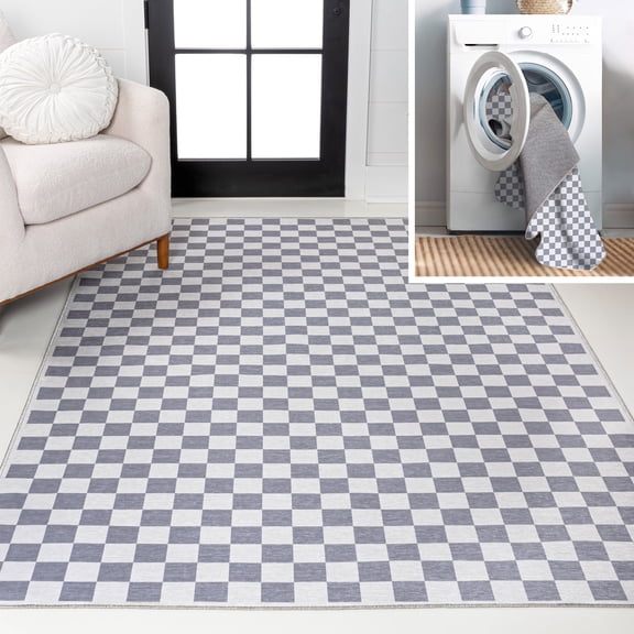 JONATHAN Y WASHABLE 3 x 5 Area Rug, Ainsley Cottage Checkerboard Washable - Purple Gray/White, WSH126A-3