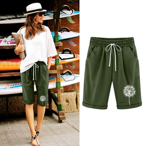Mid Length Athletic Shorts for Women Lightweight High Split for Gym Workout with Liner Quick Dry Vmvidoty Women's Elastic Waist Blowball Printing Drawstring Shorts Army Green S