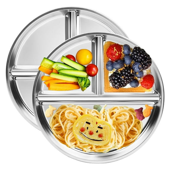 2 Packs Stainless Steel Kids Plates, 9" Portion Control Plate Divided Plates for Adults Bariatric Weight Loss & Diabetic Diet, Non Toxic Unbreakable Toddlers Lunch Dishes, Camping Food Tray