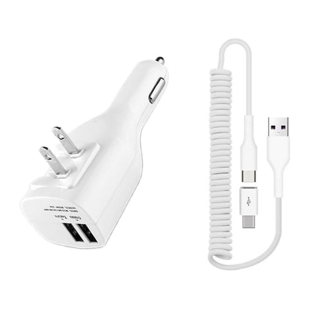 Coiled USB Cable 2-in-1 Car Home Charger for Samsung Galaxy S24 Ultra/Plus - Micro-USB to USB-C Adapter Charger Cord Power Wire Folding Prongs White