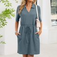 thumbnail image 5 of Aellinatey Casual T Shirt Dress for Women Drawstring Short Sleeve V Neck Mini Shift Dresses, 5 of 9