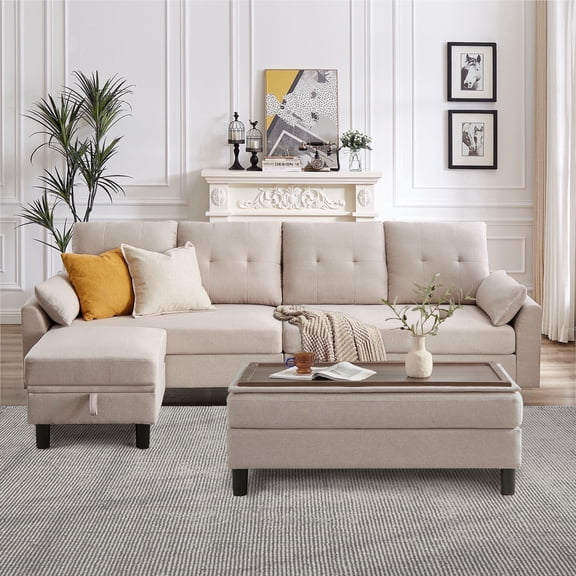 Soscana Sectional Sofa with 2 Storage Ottoman,4 Seat L Shaped Couch with Coffee Table Ottoman,Modern Linen Sofa Couch with Footstool and Side Pockets for Living Room,Apartment,Office,Studio,Beige
