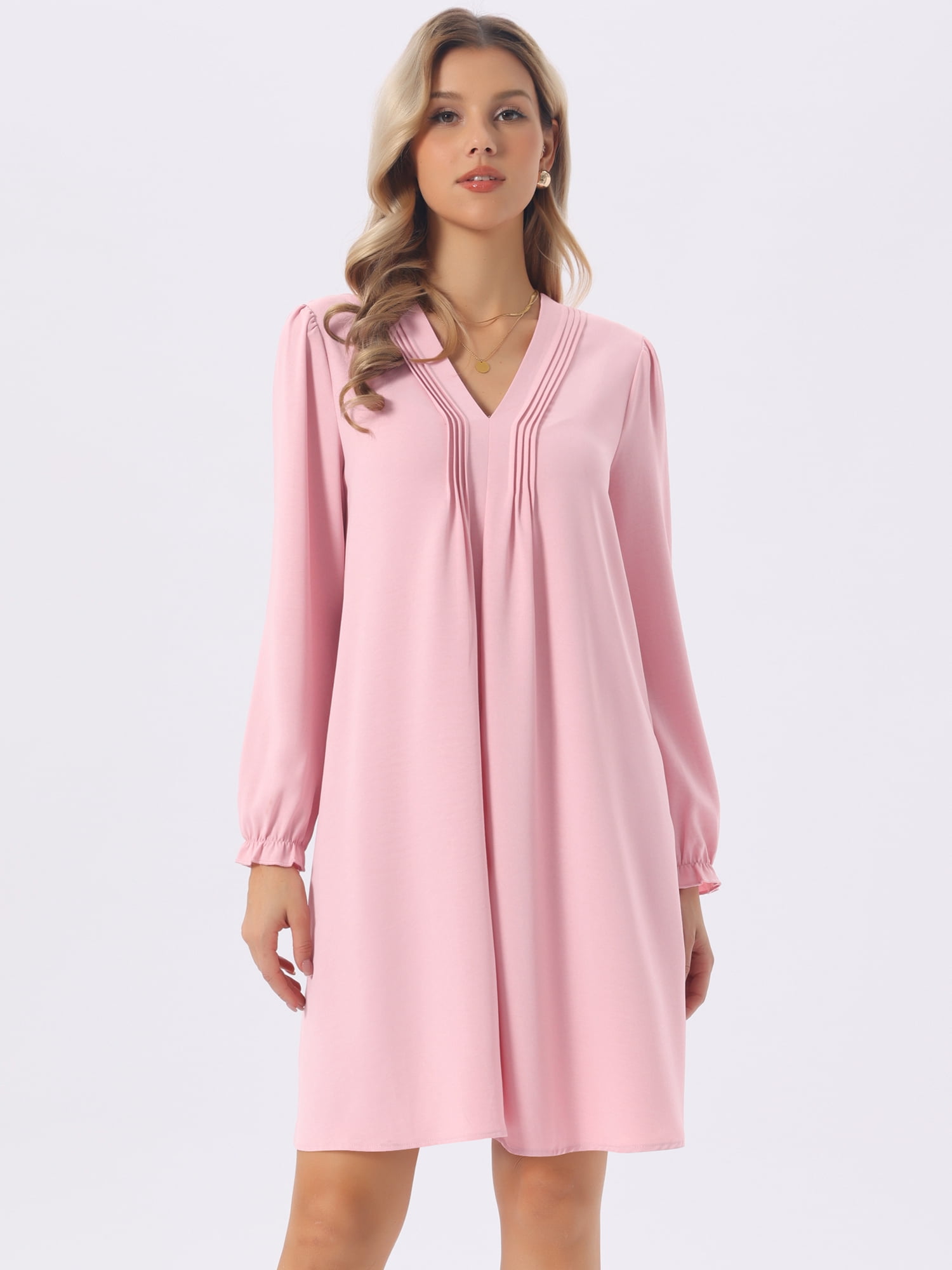 DARING DIVA Women's Casual Knee Length V Neck Pleated Flowy Shirt Dress S Pink