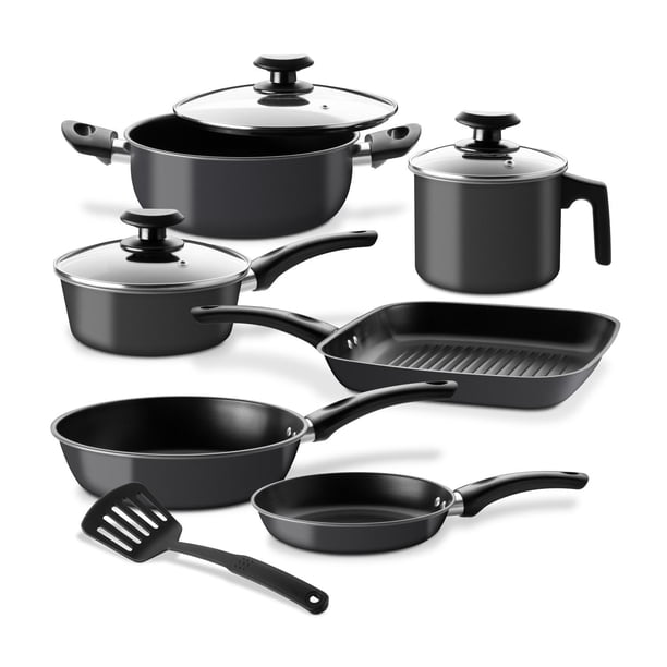 Set de Cacerolas, Sartenes y Hervidor Antiadherentes de Acero de Carbono, para Saltear Hervir Freír negro 10