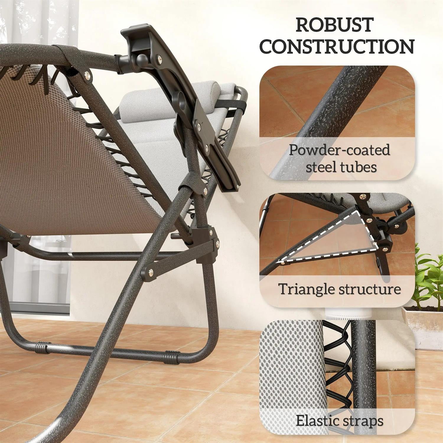 Demi Bonn Zero Gravity Lounge Chair Set, 2 Pieces Reclining Folding Outdoor Lounge Chairs with Headrest Side Tray for Porch, Balcony, Poolside, Gray